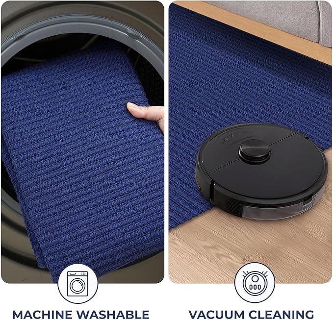 KOZYFLY Runners for Hallways 2x5 ft Washable Kitchen Runner Non Slip Rubber Backed Hall Runners Cotton Entryway Runner Rugs Floor Carpet for Indoor Backdoor Bedroom Kitchen, Royal Blue/Navy