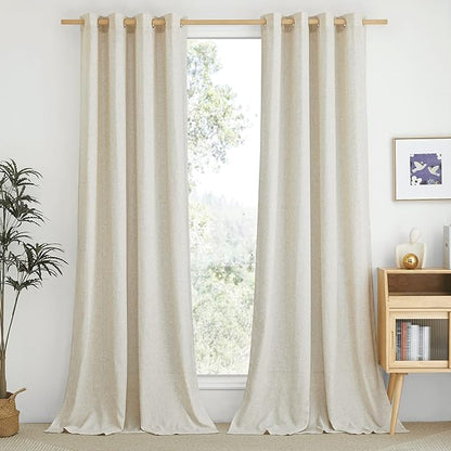 NICETOWN Linen Flax Semi Sheer Curtains 92" Length, Grommet Window Treatments Privacy Added with Light Penetration Vertical Drapes for Loft/Home Office, Natural, W55 x L92, 2 Panels