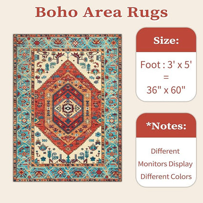 SERISSA Area Rug 3x5 Boho Orange Rugs for Bedroom, Washable Non-Slip Kitchen Rugs, Ultra Soft Print Distressed Tribal Entry Rug Low-Pile Throw Rug Carpet for Bedroom Nursery Living Room Dorm Decor
