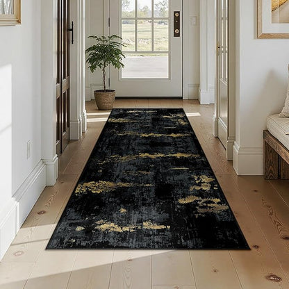 Washable Area Rugs 3x7 Non-Slip Modern Abstract Soft for Living Room Entryway Bedroom Nursery, Print Pattern, Dark Black Gold