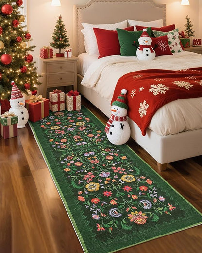 Protea Floral Rug 2.5x8 Runners for Hallways, Boho Kitchen Runner Rugs Non Slip Bath Runners, Vintage Washable Runner Rug for Bedroom, Soft Long Rugs for Entryway Bathroom Laundry Dorm, Forest Green