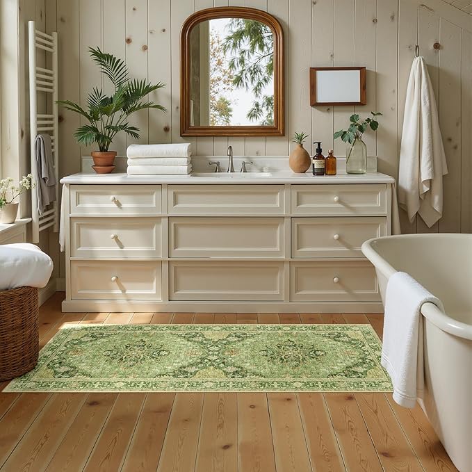 Area Rugs 2'x5' Runner Rug Non Slip Washable for Kitchen Hallway Bedroom Beside Laundry Room Bathroom Rug, Floor Carpet, Sage Green Yellow