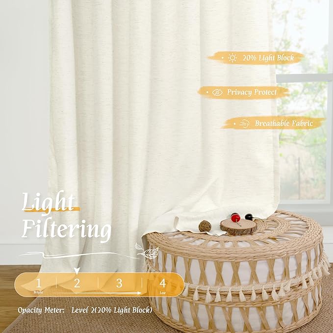 LAMIT Cream Linen Curtains for Living Room, 84 Inches Long 2 Panels Natural Light Filtering Soft Thick Bedroom Semi Sheer Privacy Drapes with Rod Pocket for Farmhouse/Sliding Door, 52 x 84 Inch