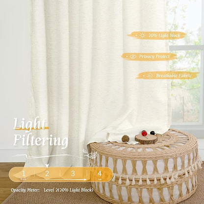 LAMIT Cream Linen Curtains 48 Inch Length 2 Panels, Light Filtering Faux Linen Textured Panels Rod Pocket Neutral Privacy Drapes for Kitchen/Window/Loft Room/Bedroom, 42 x 48 Inch