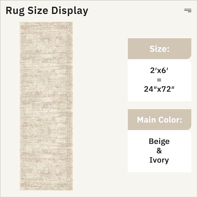 Soalmost Runner Rug 2'x6' Washable Non-Slip Runner Rugs for Kitchen Bathroom Laundry Room Beige Vintage Floor Carpet Runners for Hallway Entryway