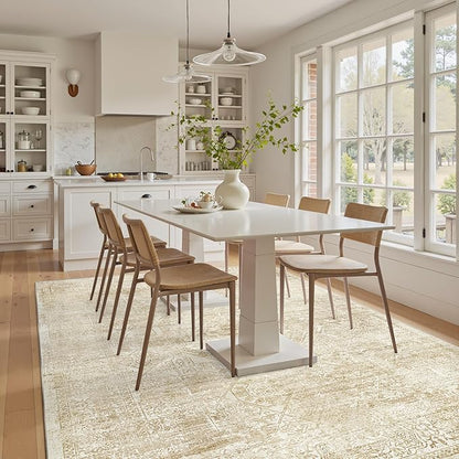 5x7 Area Rugs Beige Low Pile Indoor Washable Trendy Faded Style Floral Rugs for Bedroom Living Room Dining Room Foldable Non-Slip Thin Print Mat