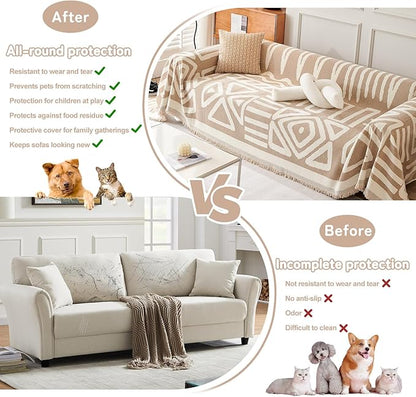 HANDONTIME Sofa Covers for Sectional Sofa Boho Couch Cover for Dogs Khaki Throw Couch Cover with Tassel Loveseat Covers Futon Cover L Shaped Cover Washable Chenille Couch Protector, 71" X150"