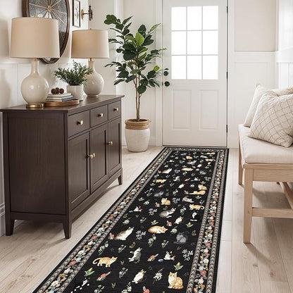2'6"x8' Washable Kitchen Runner Rug - Soft Low Pile Floral Animal Cat Print Rugs with Non-Slip Backing Waterproof Stain-Resistant Indoor Carpet for Hallway Entryway Bathroom Bedroom (Black)
