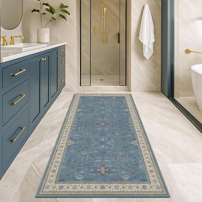 Hazo Haus Boho 2x5 Kitchen Rugs Non Slip - Washable Blue Runner Rug for Bedroom Beside Bed, Laundry Room, Hallway, Non Slip with Rubber Backing, Floral Eclectic Unique Runner Décor
