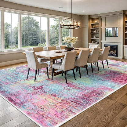 IOHOUZE Abstract Area Rugs 9x12 Ft Washable Large Rugs for Living Room, Non Slip Dining Room Rug, Printed Faux Wool Rugs for Bedroom, Floor Carpet for Office Nursery Playroom, Pink Teal