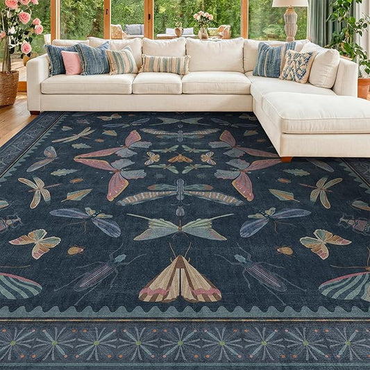 8x10 Large Farmhouse Rugs for Living Room - Unique Washable Area Rug for Bedroom, Dining Room Under Table, Boho & Insect Design, Vintage Moth Décor, Low Pile Soft Carpet (Dark Blue)