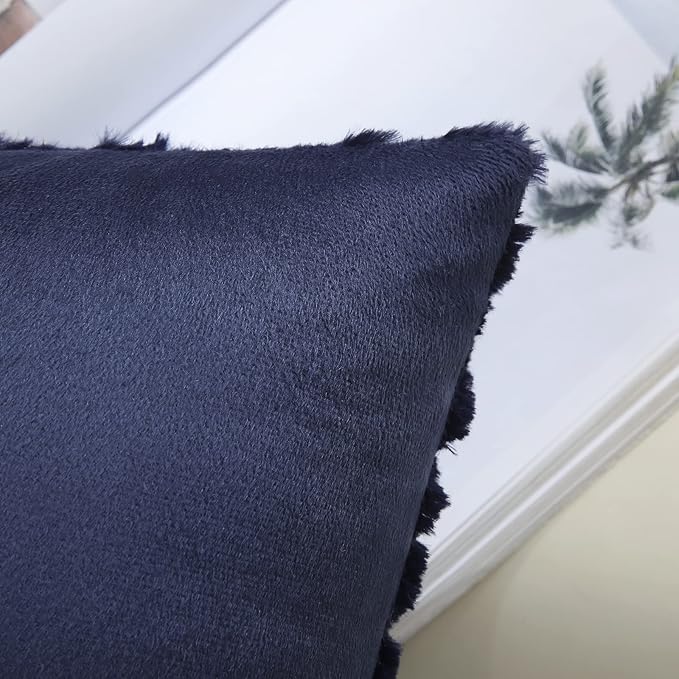 decorUhome Summer Throw Pillow Covers 12x20 Inch Set of 2, Soft Plush Faux Wool Navy Blue Solid Couch Pillow Covers, Accent Farmhouse Neutral Rectangle Pillow Cases for Sofa Bed Living Room