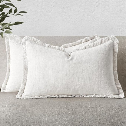 MIULEE Decorative Lumbar Throw Pillow Covers Neutral Linen Fringe Throw Pillows Set of 2 White Boho Farmhouse Cushion Covers with Tassels for Couch Sofa Bed Living Room Spring Decor 12x20 Inch