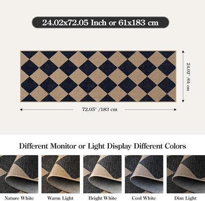 Lahome Colette Checkered Easy Jute Runner Rug, 2x6 Kitchen Mats for Floor Washable Entryway Runner, Checkerboard Black Indoor Outdoor Carpet for Hallway 6ft Entry Laundry