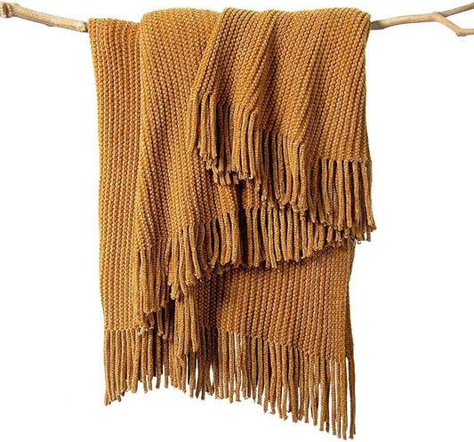lifein Throw Blanket for Couch, Soft Boho Decor Bed Throw,Cozy Brown Knitted Chenille Small Knit Farmhouse Lightweight Throw (Golden Brown,50 * 60")