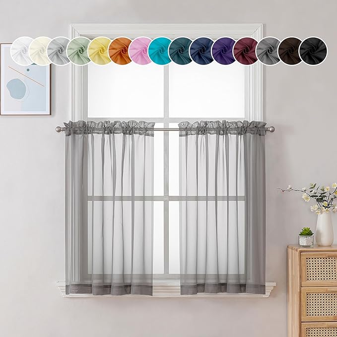 Chyhomenyc Charcoal Grey Sheer Curtains 30 inch Length 2 Panels, Light Filtering Voile Rod Pocket Short Window Curtians for Bathroom Living Room Farmhouse Small Windows, 42Wx30L inches