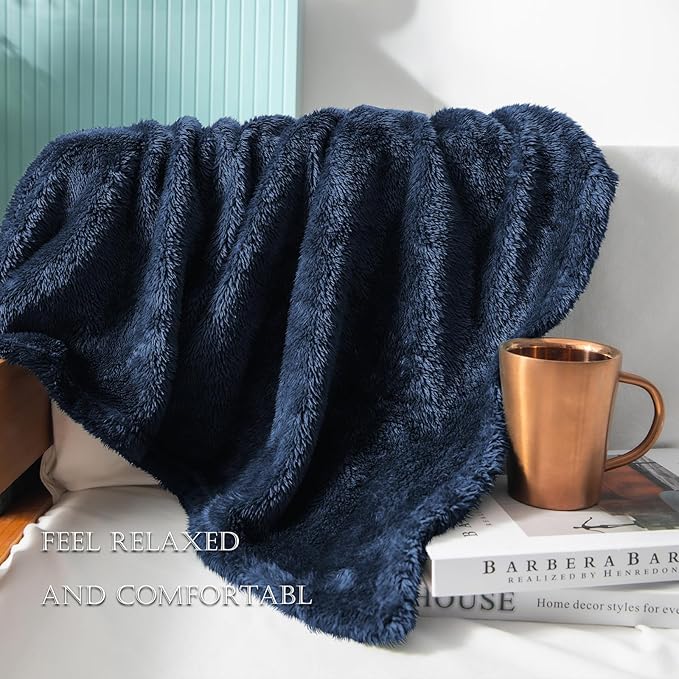 Exclusivo Mezcla Plush Fuzzy Fleece Bed Blanket Queen Size, Super Soft, Fluffy and Warm Blankets for Couch, Bed, All Season (Navy Blue, 90x90 inches)