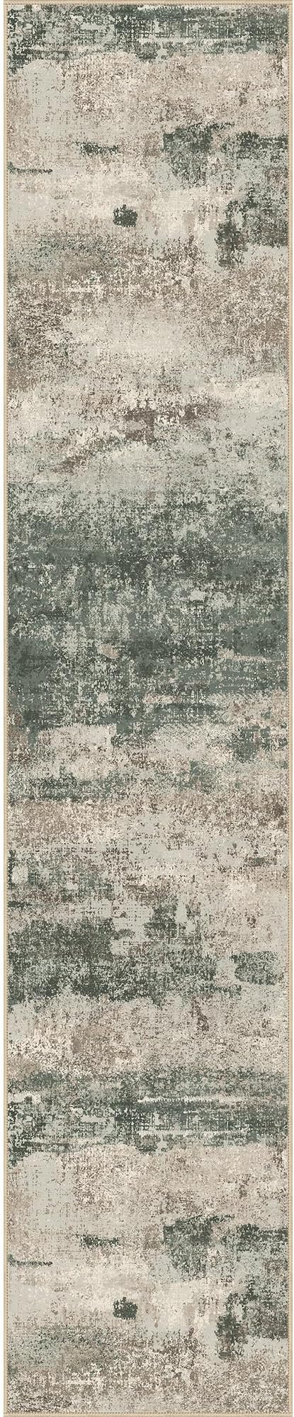 Runner Rug for Hallway Kitchen, 2'6"x12' Machine Washable Runners Rug for Entryway, Soft Modern Abstract Throw Rugs, Low Pile Floor Cover with Non Slip Backing, Grey/Dark Green