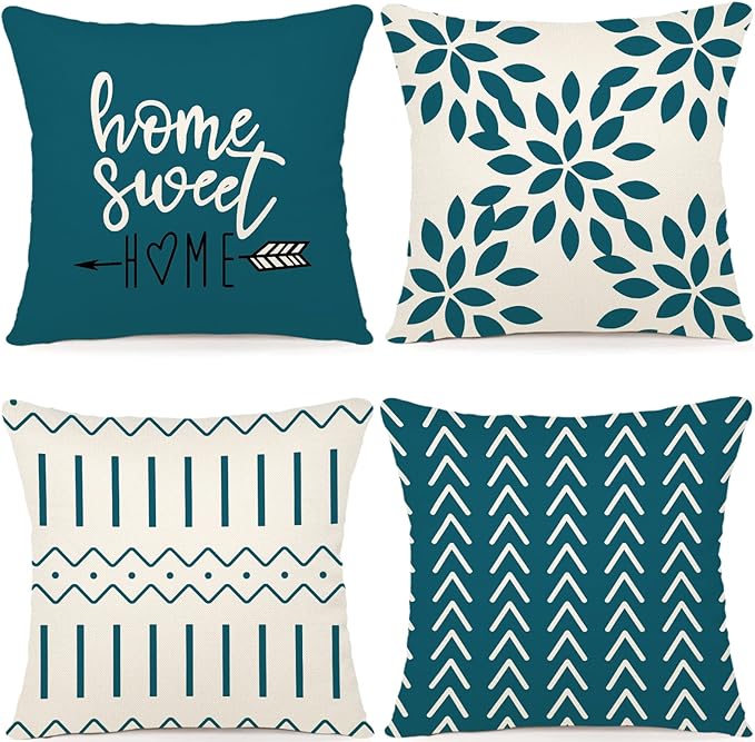 YCOLL Pillow Covers 18x18 Set of 4, Modern Sofa Throw Pillow Cover, Decorative Outdoor Linen Fabric Pillow Case for Couch Bed Car,Teal
