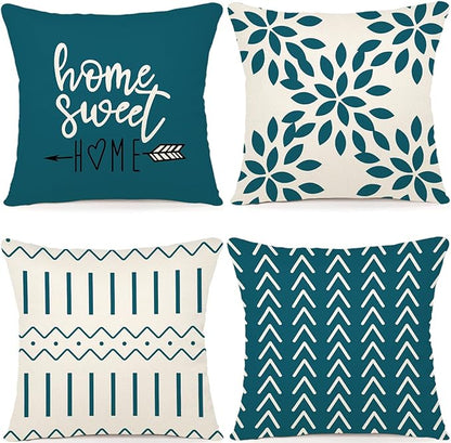 YCOLL Pillow Covers 18x18 Set of 4, Modern Sofa Throw Pillow Cover, Decorative Outdoor Linen Fabric Pillow Case for Couch Bed Car,Teal