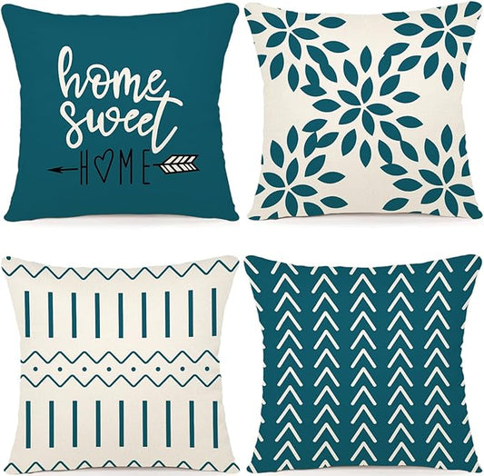 YCOLL Pillow Covers 18x18 Set of 4, Modern Sofa Throw Pillow Cover, Decorative Outdoor Linen Fabric Pillow Case for Couch Bed Car,Teal