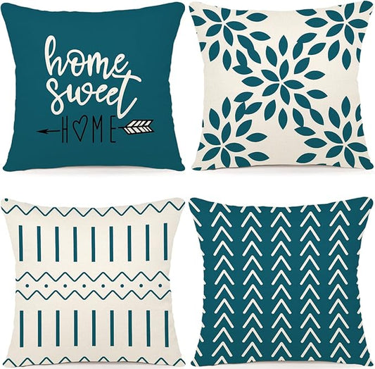 YCOLL Pillow Covers 16x16 Set of 4, Modern Sofa Throw Pillow Cover, Decorative Outdoor Linen Fabric Pillow Case for Couch Bed Car,Teal