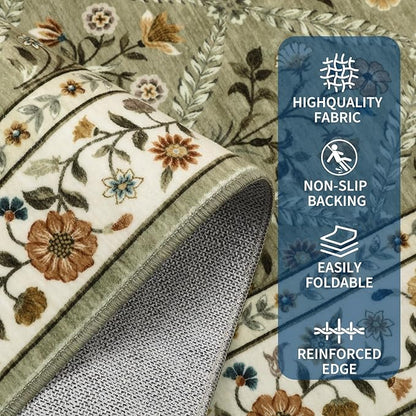 GarveeHome Grey Floral Rug 4x6 Rug Machine Washable Area Rug for Living Room Farmhouse Floral Low Pile for Dining Room, Bedroom Indoor Foldable Non-Slip Green RV