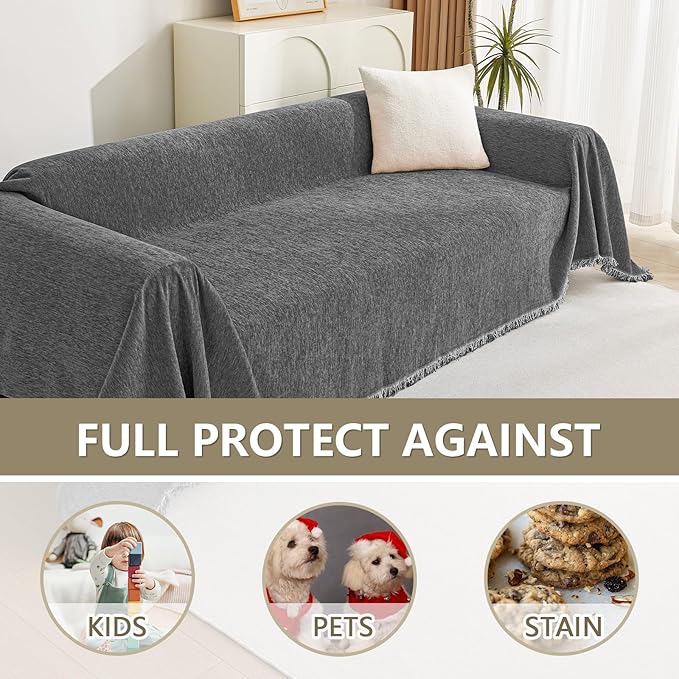 MYSKY HOME Boho Couch Cover Charcoal Gray Sofa Covers with Tassel Farmhouse Sofa Slipcover Simple Couch Protector for Dogs Chenille Sectional Couch Covers L Shaped Couch Cushion Covers, 91"x 134"