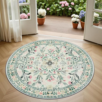 Round Area Rug for Living Room: 4 ft Floral Washable Circle Rug Soft Non-Slip Carpet Indoor Stain Resistant Low Pile Small Circular Rug for Bedroom Entryway Kitchen Nursery Home Office Green Beige