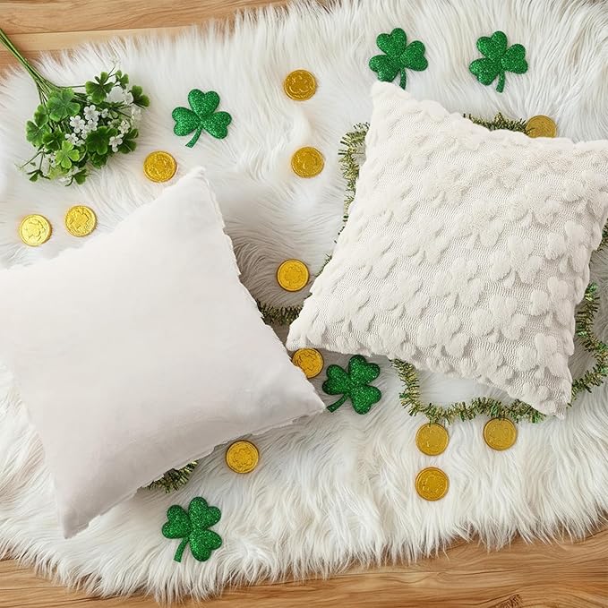 decorUhome St. Patrick’s Day Shamrock Pillow Covers 20x20 Inch Set of 2, Soft Plush Faux Wool Cream White Throw Pillow Covers, Farmhouse Spring Holiday Decor for Sofa Living Room