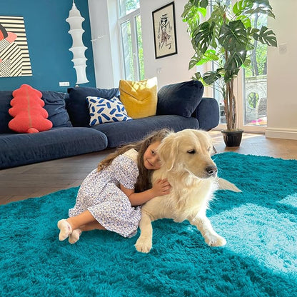 OLANLY 8x10 Machine Washable Large Area Rugs for Living Room, Bedroom, Soft Fluffy Shaggy Bedside Rug, Indoor Floor Carpet for Kids Girls and Boys, Dorms, Nursery, Home Decor Aesthetic, Teal