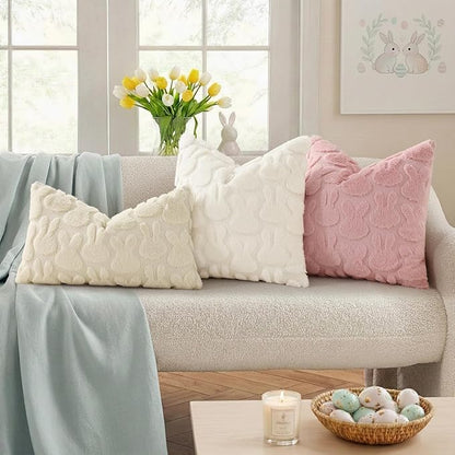decorUhome Easter Bunny Pillow Covers 20x20 Inch Set of 2, Soft Plush Faux Wool Jacquard Cream White Rabbit Cushion Covers, Farmhouse Neutral Spring Easter Holiday Decor for Couch Sofa Bed