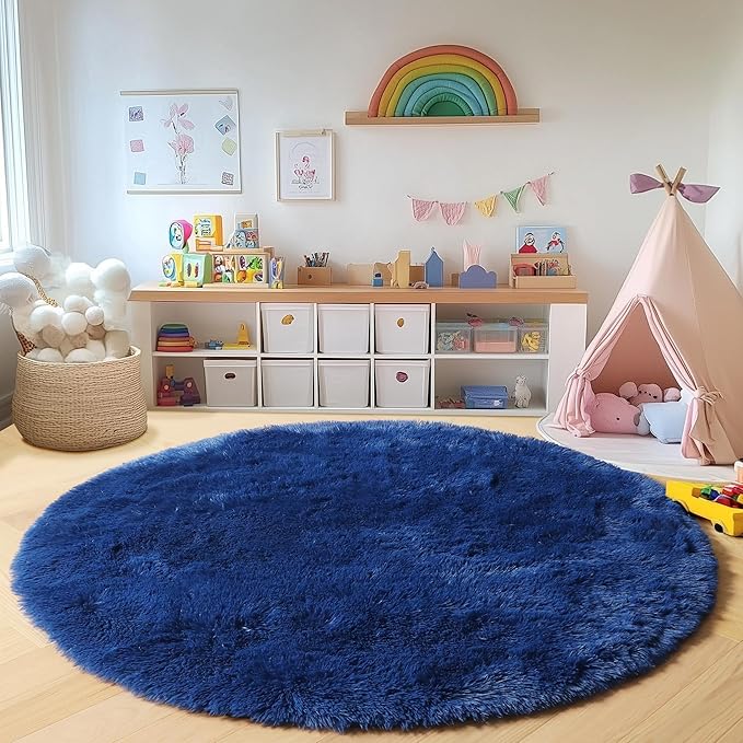 ONASAR Navy Blue Round Area Rug 4ft, Soft Bedroom Circle Rugs Floor Mat for Kids Girls Boys Teen Room, Fluffy Plush Shaggy Carpet for Baby Nursery Living Room Playroom Dorm Home Decor