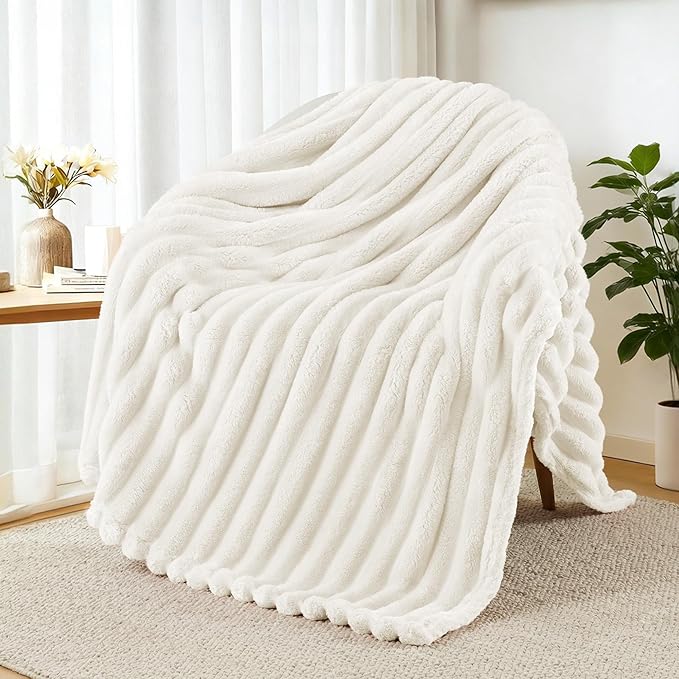Exclusivo Mezcla Fleece Throw Blanket for Couch, Super Soft Striped Jacquard Bed Blanket, Lightweight Fuzzy Cozy for All Seasons, 50x60 Inches, Ivory