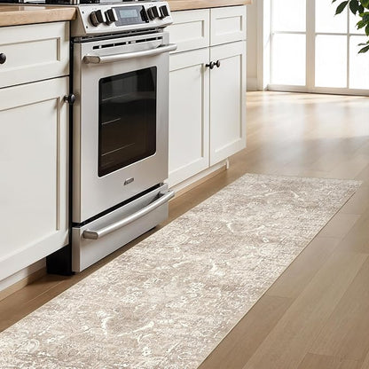 2'6"x8' Washable Hallway Runner Rug - Non Slip Kitchen Runner Rugs with Rubber Backing Vintage Low-Pile Carpet Runners for Entryway Dining Room Laundry Room Home Decor (Beige)
