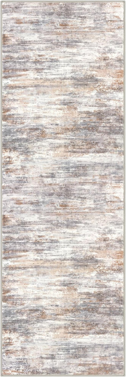 KOZYFLY 2x6 Washable Runner Rug for Hallways & High-Traffic Areas - Non-Slip Kitchen & Entryway Runner, Multi Grey/Orange Abstract Modern Low-Pile Carpet, Perfect for Bathroom