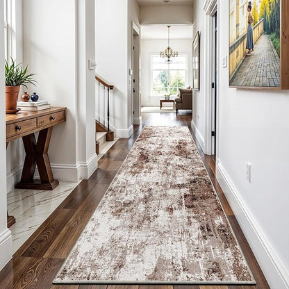 3x12 Washable Runner Rugs for Hallway: Long Abstract Runners for Entryway Bedroom - Stain and Water Resistant Rugs with Non-Slip Backing - Soft Low-Pile Carpet Brown Khaki White