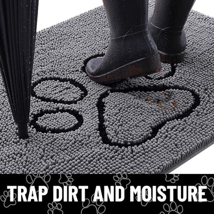 Smiry Dog Door Mat for Muddy Paws, Absorbent Dirt Trapper Non Slip Quick Dry Washable Chenille Mat for Mud Dogs, Entry Rug for Indoor and Outdoor (30x20 Inches, Dark Grey and Black)