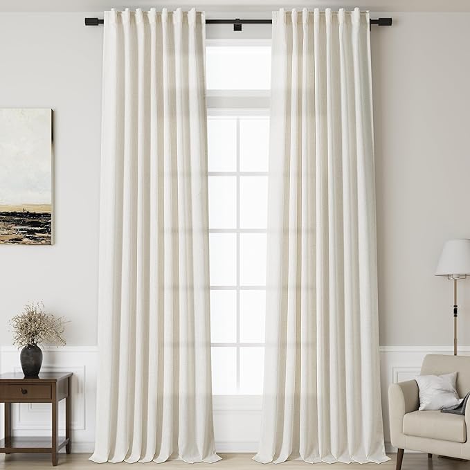 Nanspring 144 Inch Long Curtains 2 Panels for Living Room Back Tab Neutral Farmhouse Extra Long Drapes Semi Sheer Linen Curtain 144 inches Long for Floor to Ceiling High Window Patio Sliding Door