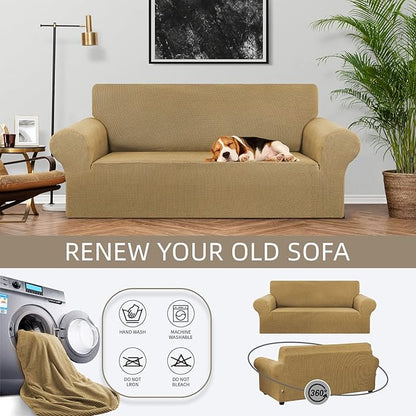 KEKUOU Stretch Loveseat Sofa Cover Slipcover,Couch Covers for 2 Cushion Couch Sofa (55"-78") Furniture Protector Sofa with Elastic Bottom for Kids,Dog. Jacquard Small Checked (Medium,Tan)