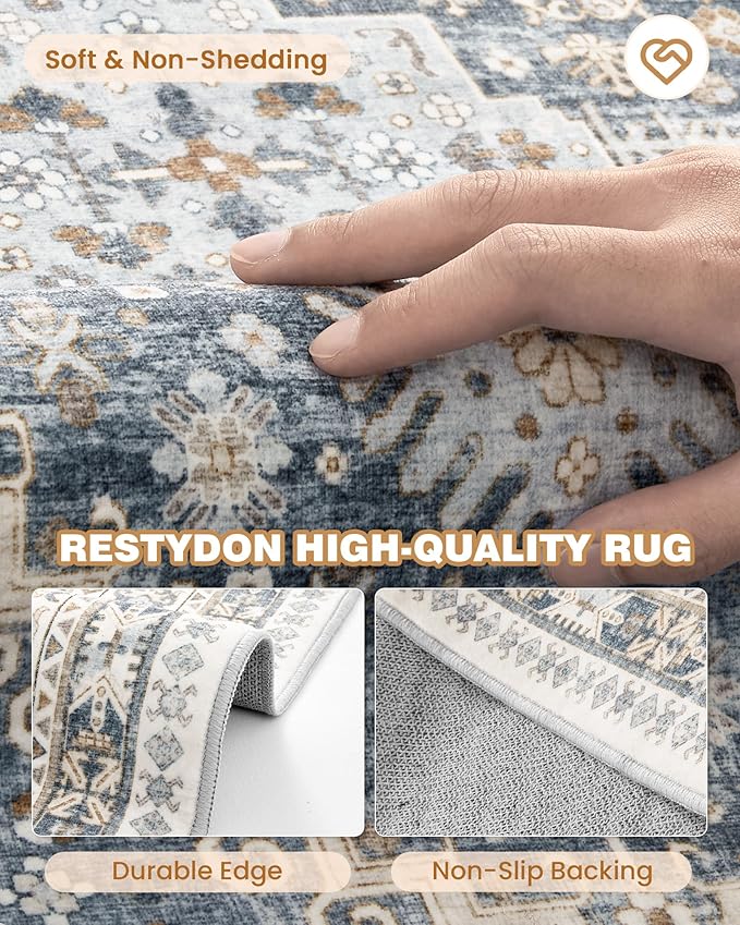 4x6 Area Rugs for Living Room, Non-Slip Backing Small Kids Rugs for Bedroom, Vintage Floral Rug Home Decor, Low Pile Soft Washable Rug for Kitchen, Dining Room (Blue/Beige,4'x6')