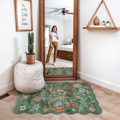 Washable Floral 2x3 Area Rug: Indoor Soft Scalloped Carpet for Entryway Kitchen Nursery Non-Slip Water Resistant Bathroom Laundry Floor Mat Low Pile Durable Door Mat(2x3 Floral/Green)