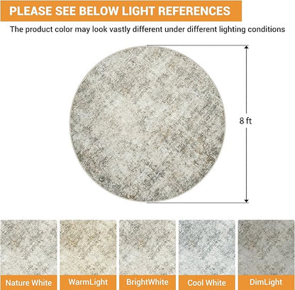 Round Rug 8ft Circle Rug Washable: Carpet Circular Area Rug for Entryway Kitchen Bedroom Dining Room Living Room Large 8 Feet Abstract College Dorm Non Slip Low Pile Beige Brown