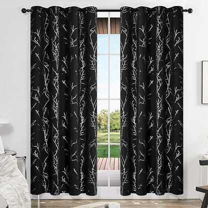 Deconovo Black Blackout Curtains, Thermal Insulated Soundproof Privacy Curtain Drapes, Branch Foil Print, 52 x 84 Inch Long, 2 Panels, Machine‑Washable Window Panel for Bedroom Living Room Office Home