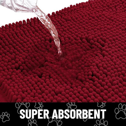 Smiry Dog Door Mat for Muddy Paws, Absorbent Dirt Trapper Non Slip Quick Dry Washable Chenille Mat for Mud Dogs, Entry Rug for Indoor and Outdoor (36x24 Inches, Red and White)