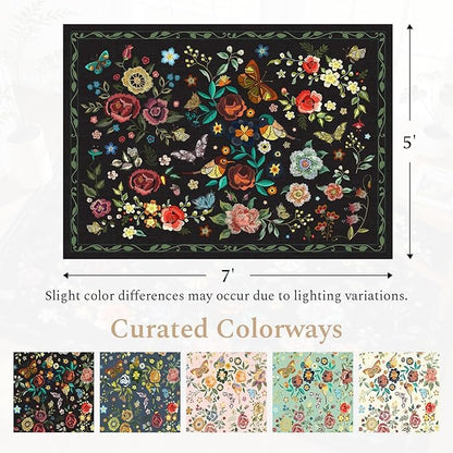 Rugflix 5x7 Washable Area Rug for Living Room, Soft Non Slip Low Pile Carpet, Floral Vintage Stain Resistant Rugs for Bedroom, Dining Room, Home Office, Black