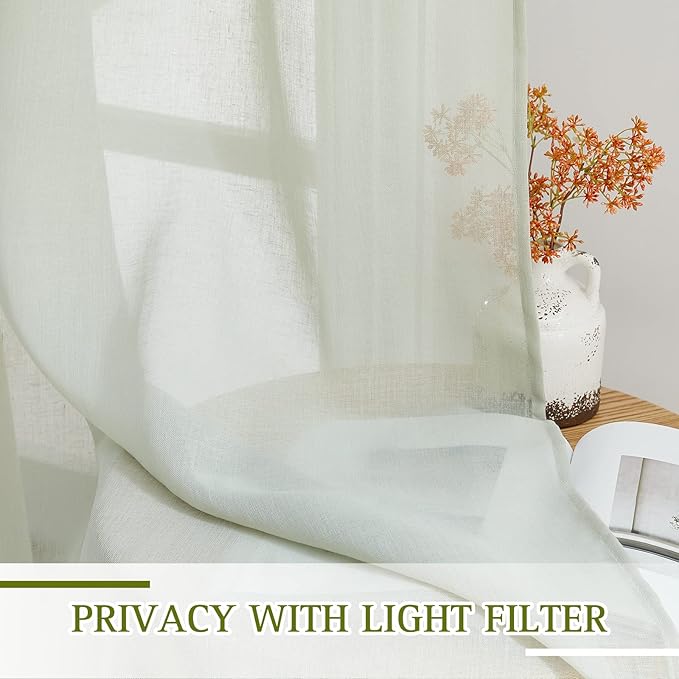 NICETOWN Privacy Semi Sheer Linen Curtains Extra Long 108" Long, Grommet Linen Blend Elegant Vertical Semitransparent Panels for Farmhouse/French Door, Sage Green, 104" W Total 2 Panels