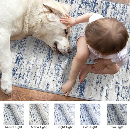 Lansny Modern Abstract Hallway Runner Rug, Blue White Washable Kitchen Runner Non-Slip Soft 2x8 Runner Rug Thin Print Faux Wool Carpet for Entryway Bedroom Laundry Room Indoor Home Decor