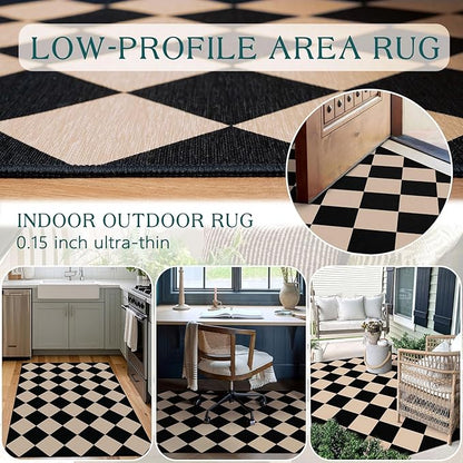 Black Tan Checkered Entry Rug - 3x5 Ft Non-Slip Washable Indoor Outdoor Front Door Mat Porch Rug Geometric Diamond Throw Carpet for Living Room Bedroom Entryway Kitchen Office Porch Decor