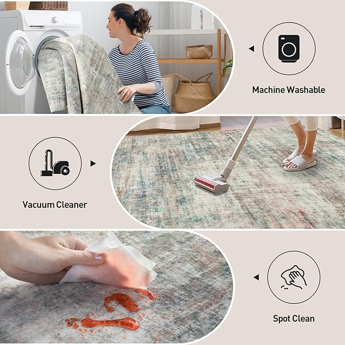 10x14 Area Rugs Washable Rug: Modern Abstract Living Room Rug Soft Anti-Skid Thin Carpet Indoor Floor Non-Shedding Carpets for Bedroom Dining Room Farmhouse Nursery Home Office Multi Color